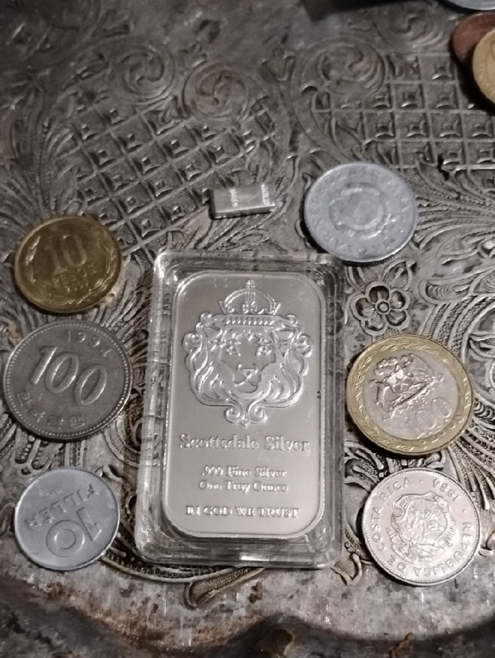 Scottsdale Silver plate1 oz .999 Fine Silver Bar - Lion Design&Mini Bar+Coinage